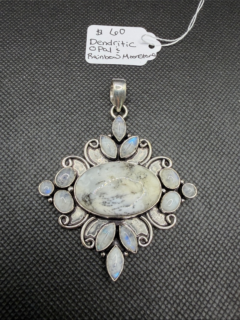 Dendritic Opal and Rainbow Moonstone 925 Sterling Pendant 3”